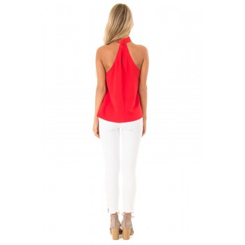 Red Sleeveless Halter Top with Keyhole Back Black White